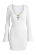 Ivory Bodycon Mini Dress, V Neck Long Sleeve Knit Dress