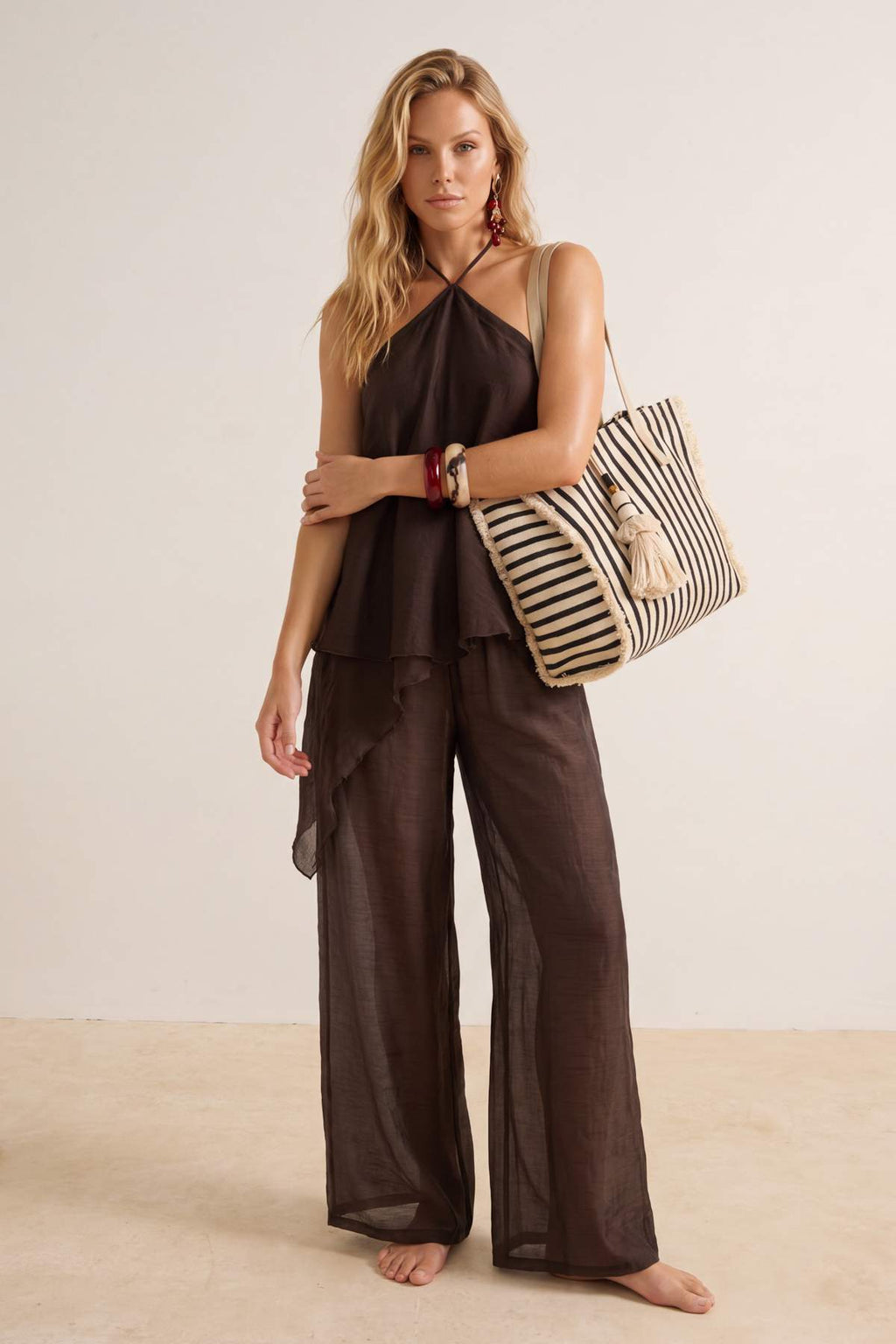 Brown Halter Beach Blouse & Pants Set