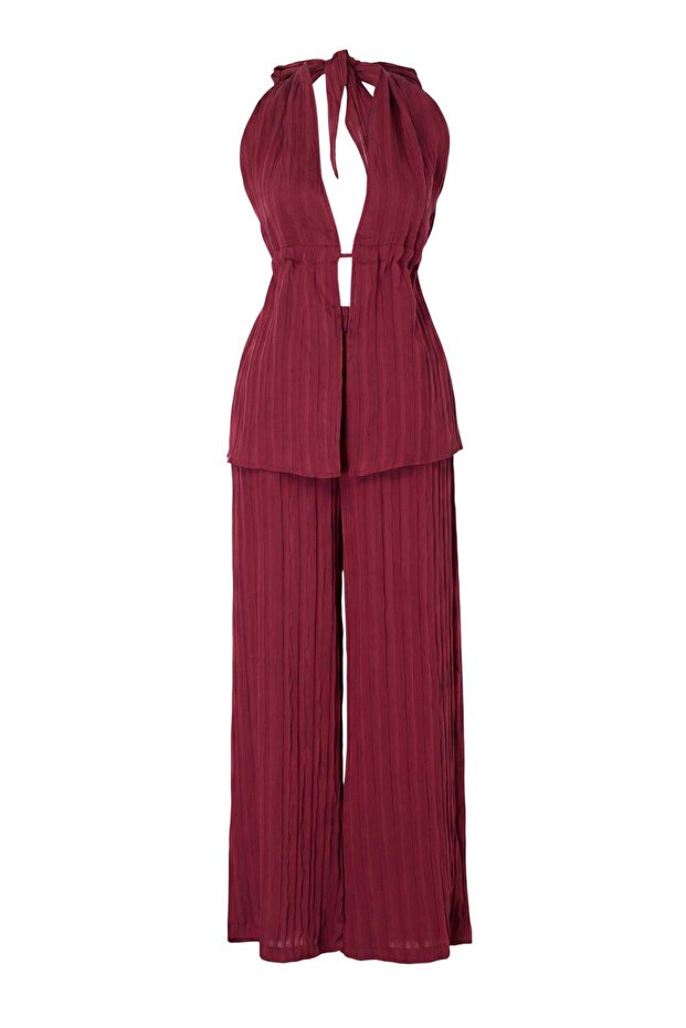 Burgundy Ruched Beach Blouse & Pants Set