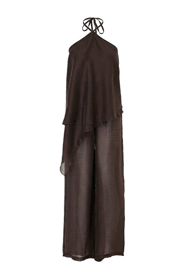Brown Halter Beach Blouse & Pants Set