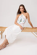 Ivory Floral Satin Midi Dress, Halter Neck Dress, Sleeveless Shift Dress