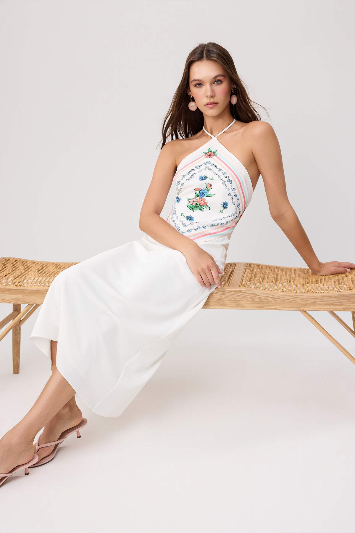 Ivory Floral Satin Midi Dress, Halter Neck Dress, Sleeveless Shift Dress