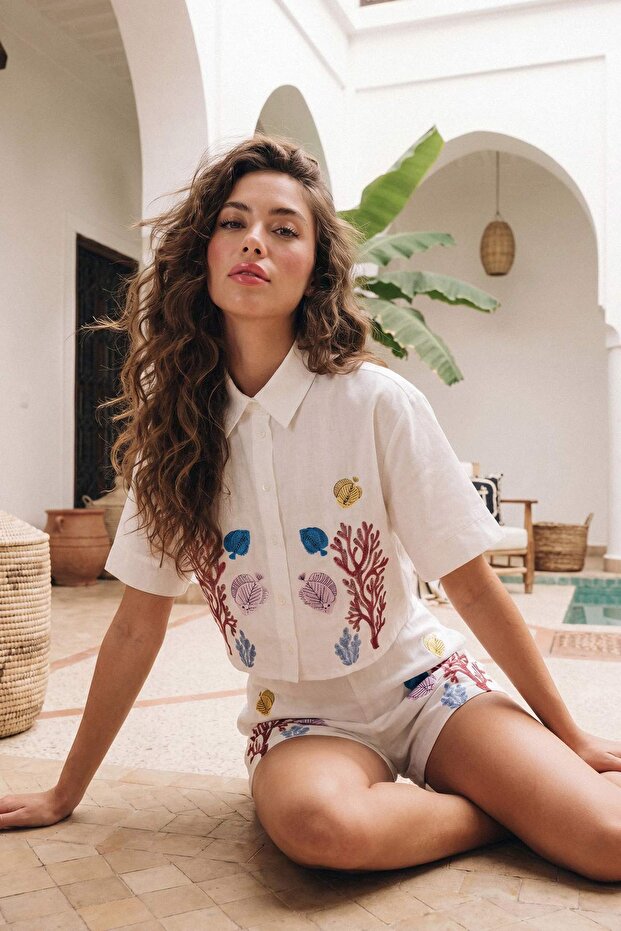 White Cotton Embroidered Beach Shirt & Shorts Set