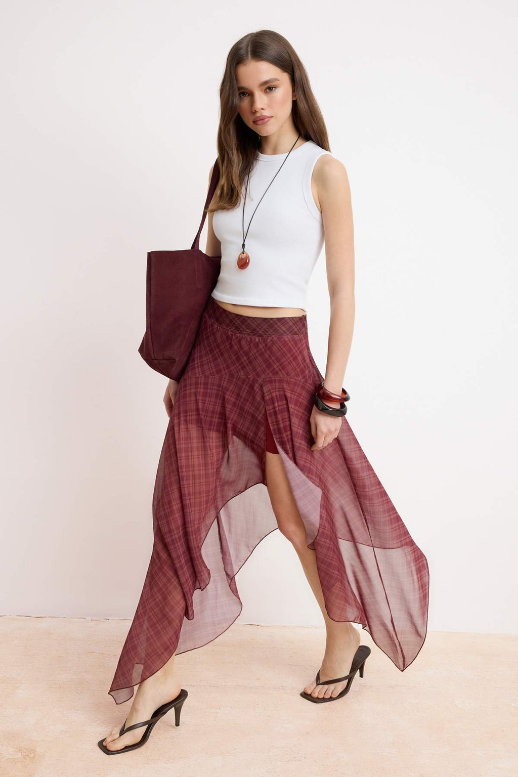Burgundy Plaid Chiffon Midi Skirt, Asymmetric Checkered Skirt