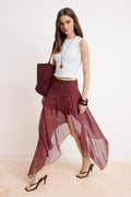 Burgundy Plaid Chiffon Midi Skirt, Asymmetric Checkered Skirt
