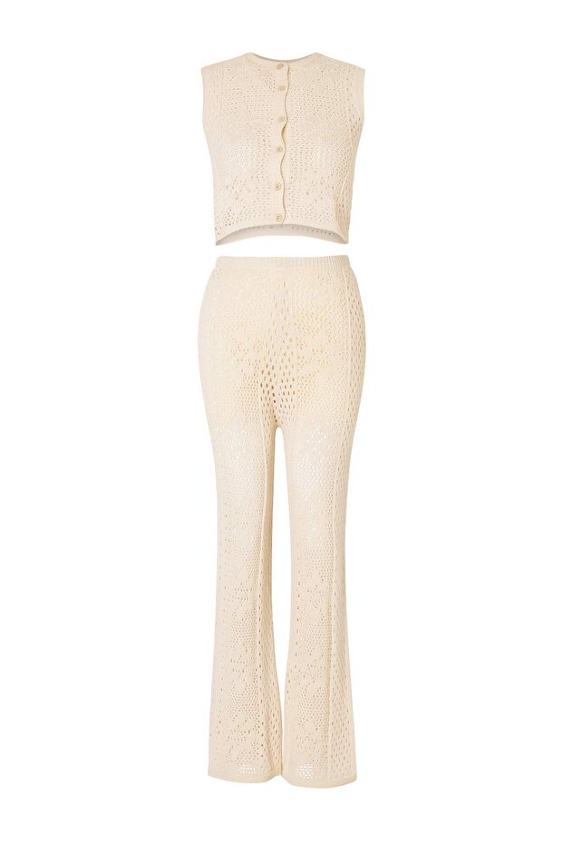 Ecru Cotton Knit Beach Vest & Pants Set