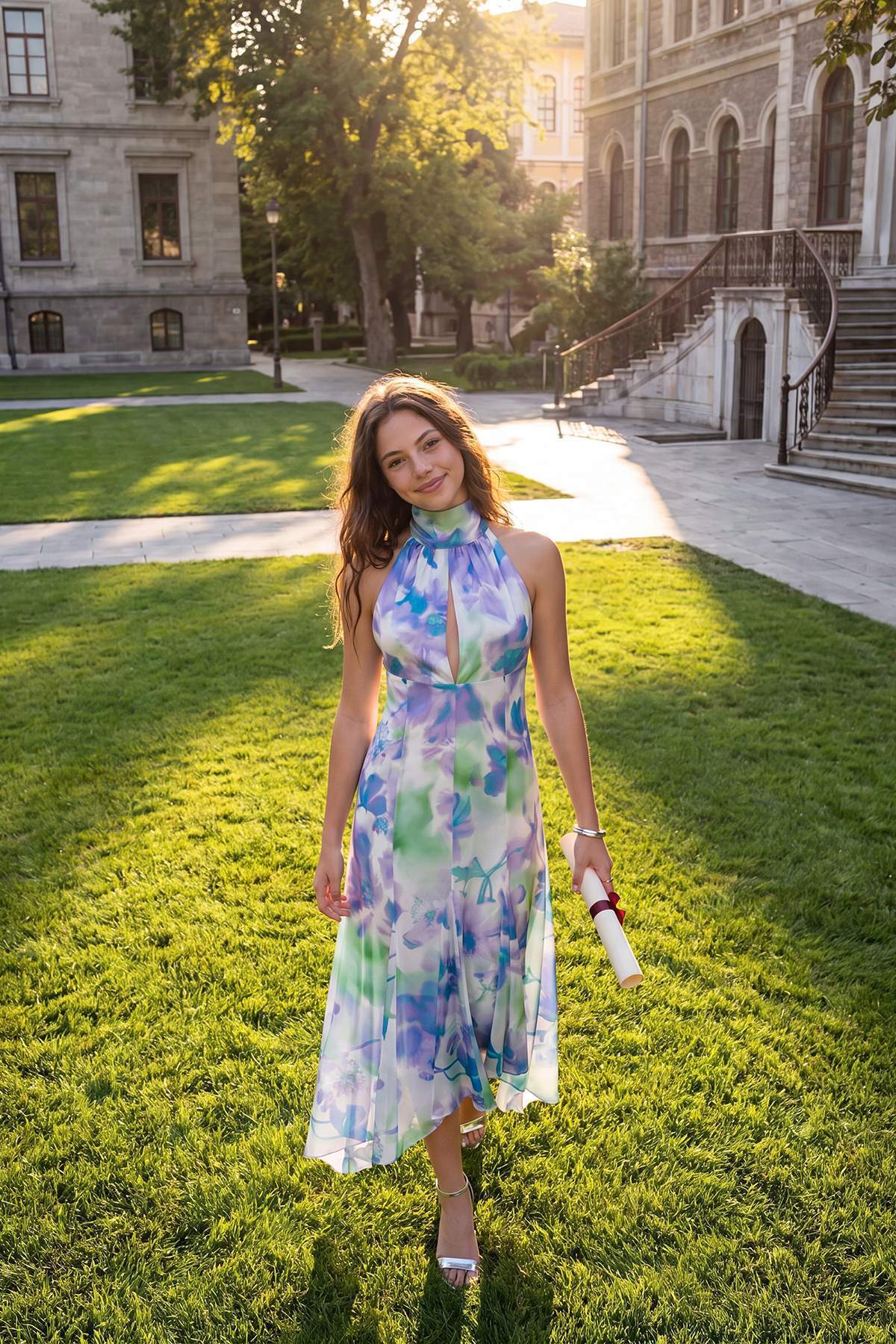 Multicolor Abstract Floral Chiffon Midi Dress, Halter Neck Asymmetric