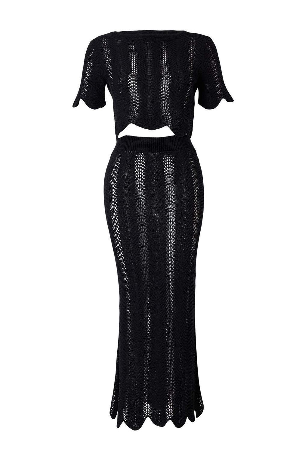 Black Openwork Knit Beach Blouse & Maxi Skirt Set