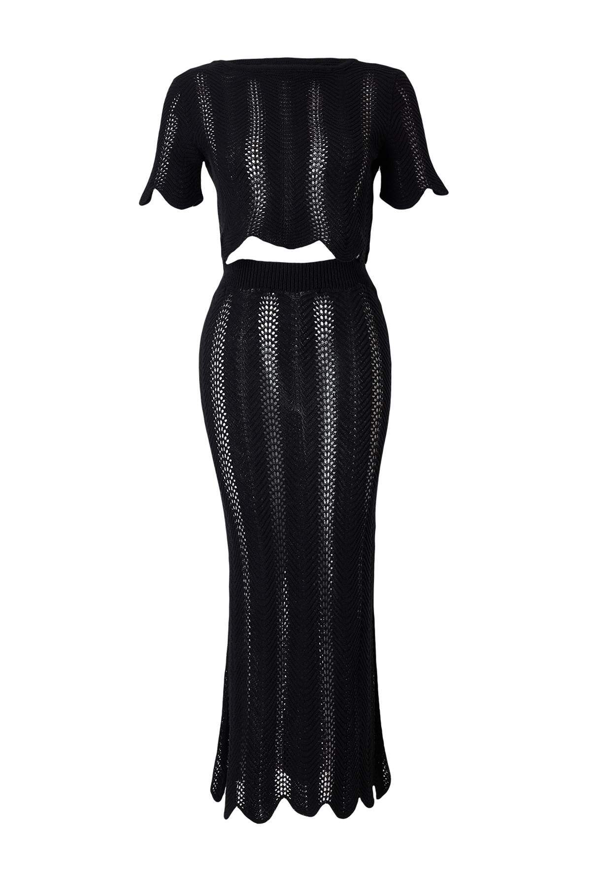 Black Openwork Knit Beach Blouse & Maxi Skirt Set