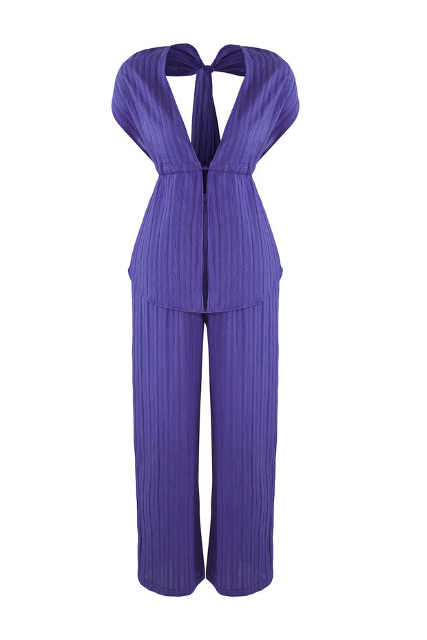 Purple Ruched Beach Blouse & Pants Set