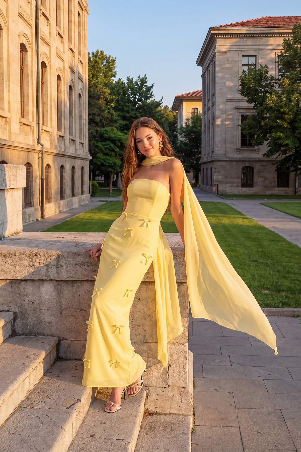 Yellow Bow Detail Strapless Maxi Dress
