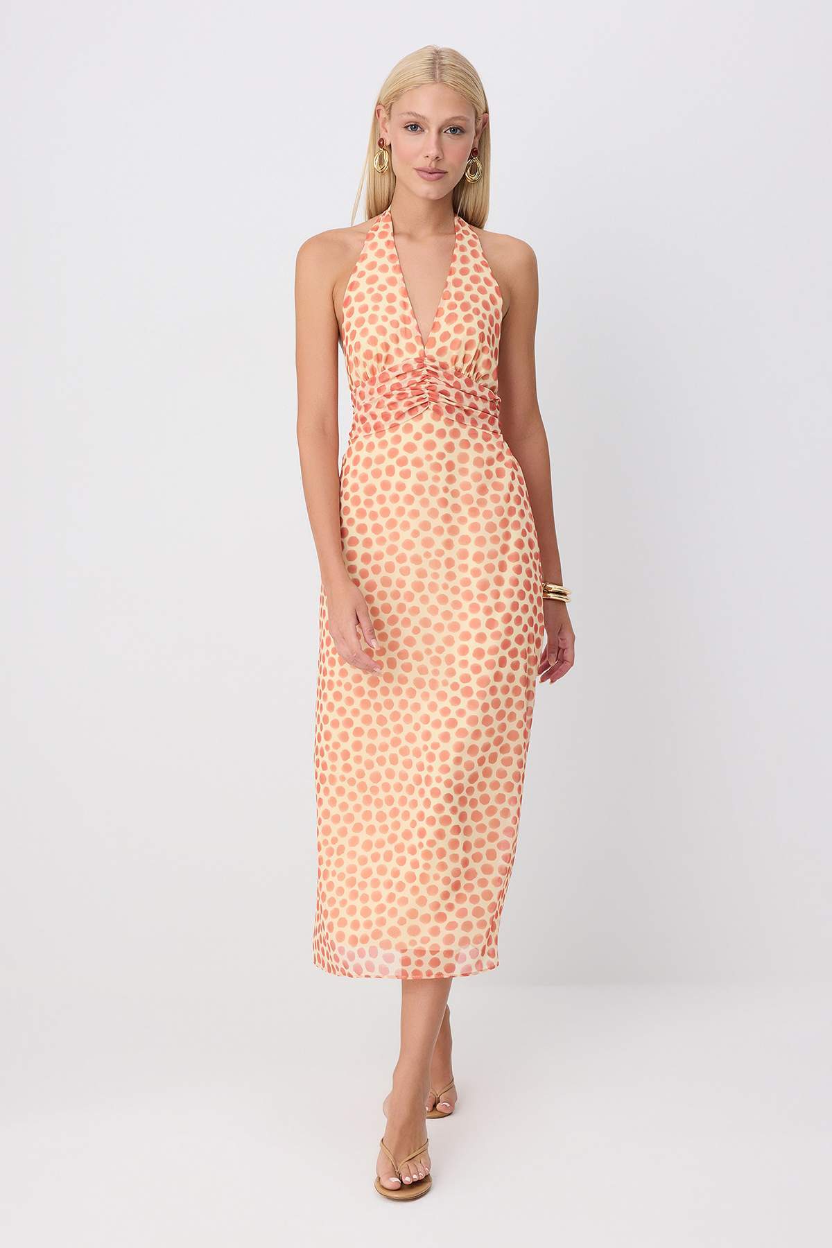 Pastel Yellow Polka Dot Maxi Dress, A Line Chiffon Dress