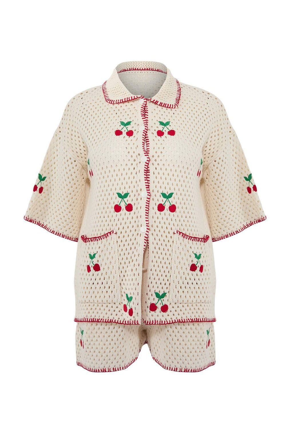 Ecru Oversized Cherry Knit Beach Shirt & Shorts Set