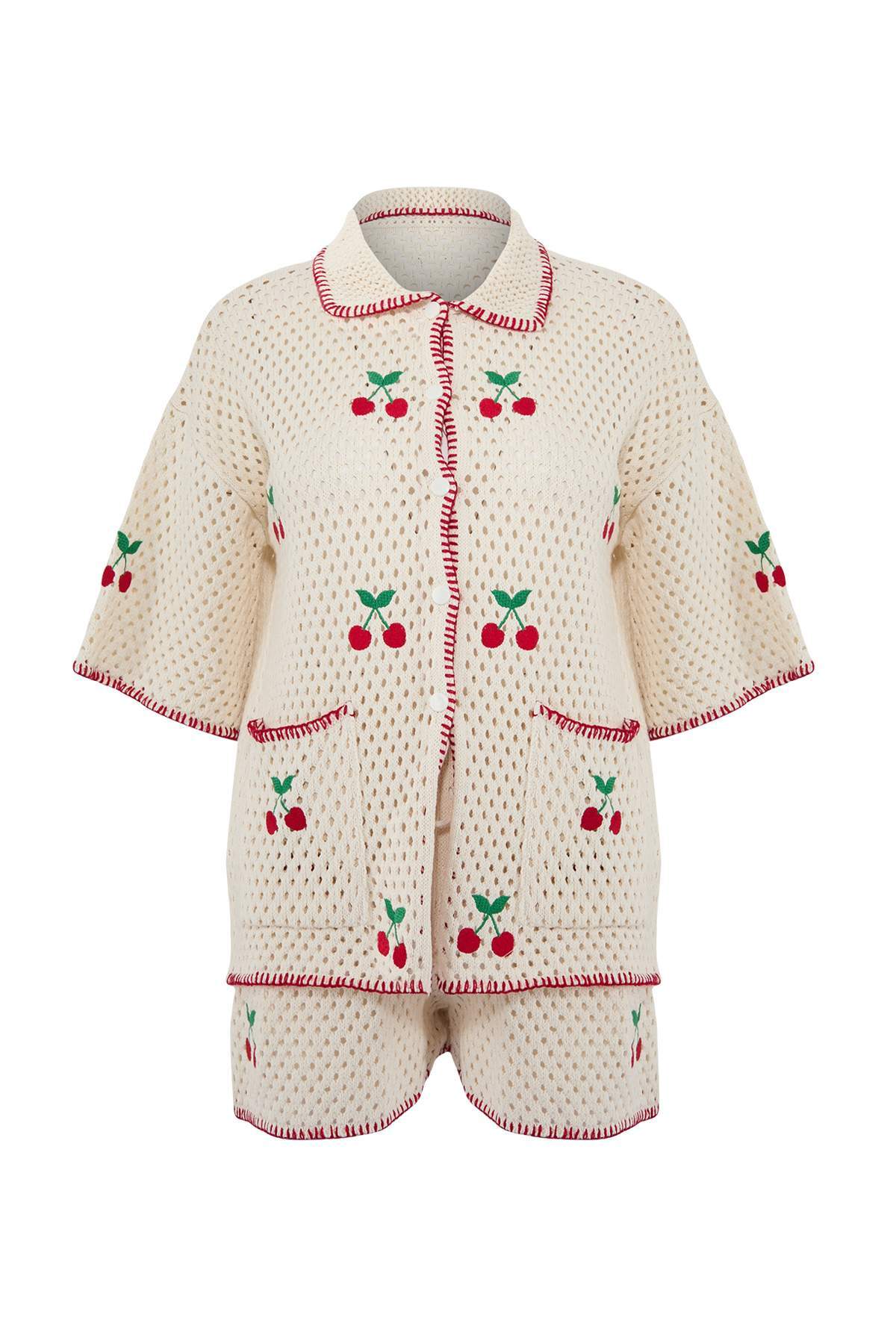 Ecru Oversized Cherry Knit Beach Shirt & Shorts Set