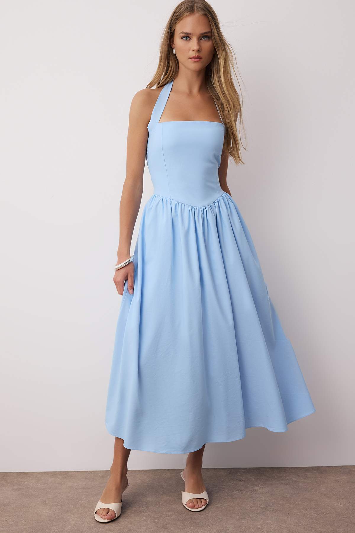 Blue Halter Neck Maxi Dress, 100% Cotton Poplin Summer Dress