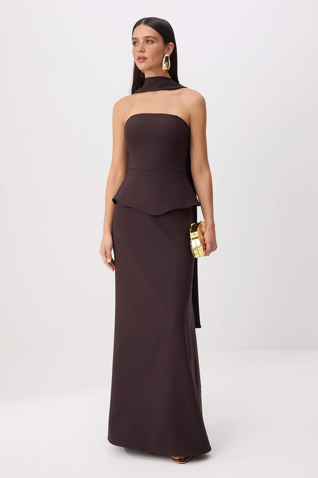 Brown Strapless Maxi Graduation Dress