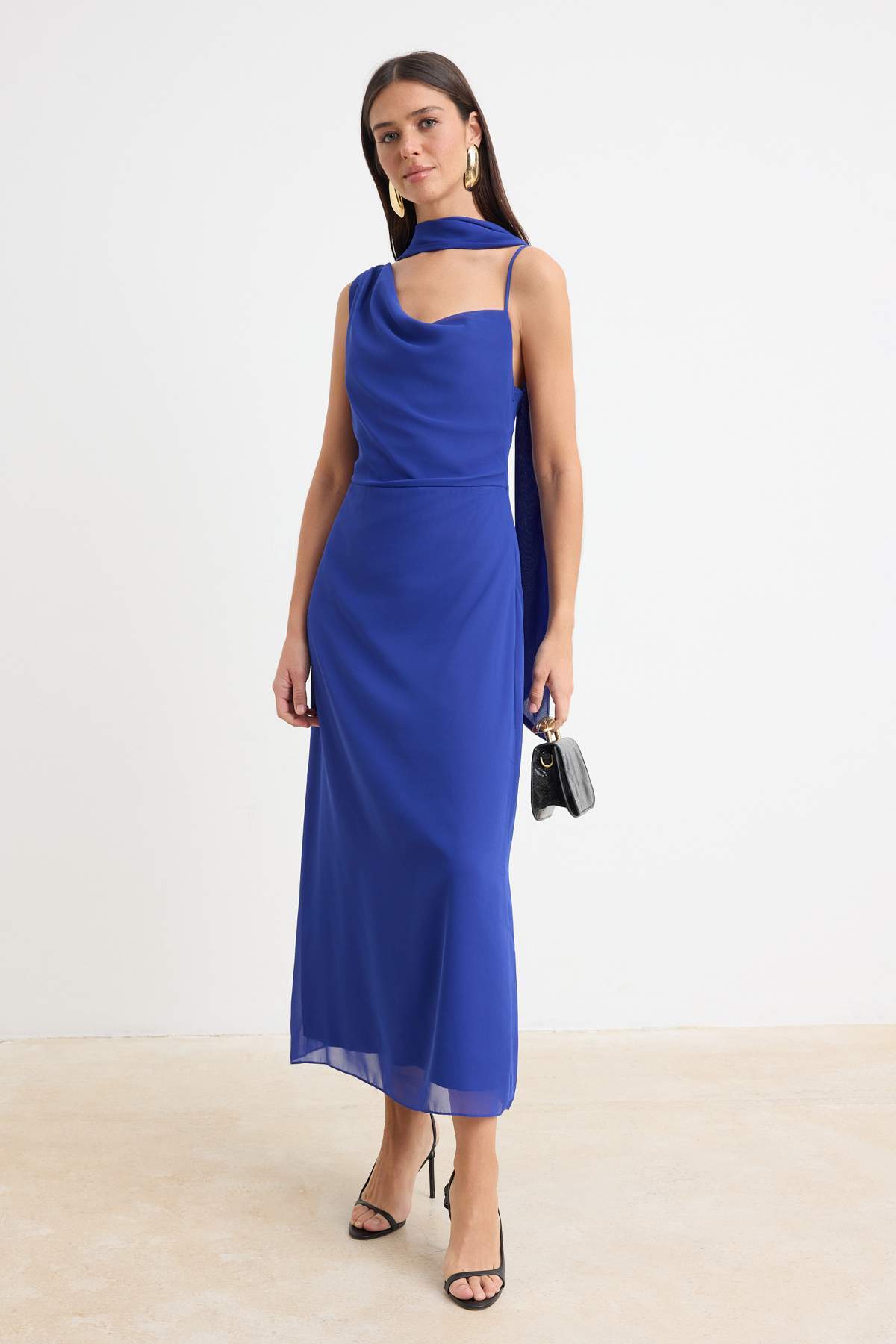 Asymmetric Neckline Chiffon Dress Lined Straight Cut Dress, Elegant Feminine Maxi Dress