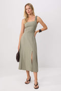 Khaki Open Back Midi Dress, Square Neck Linen Cotton Dress