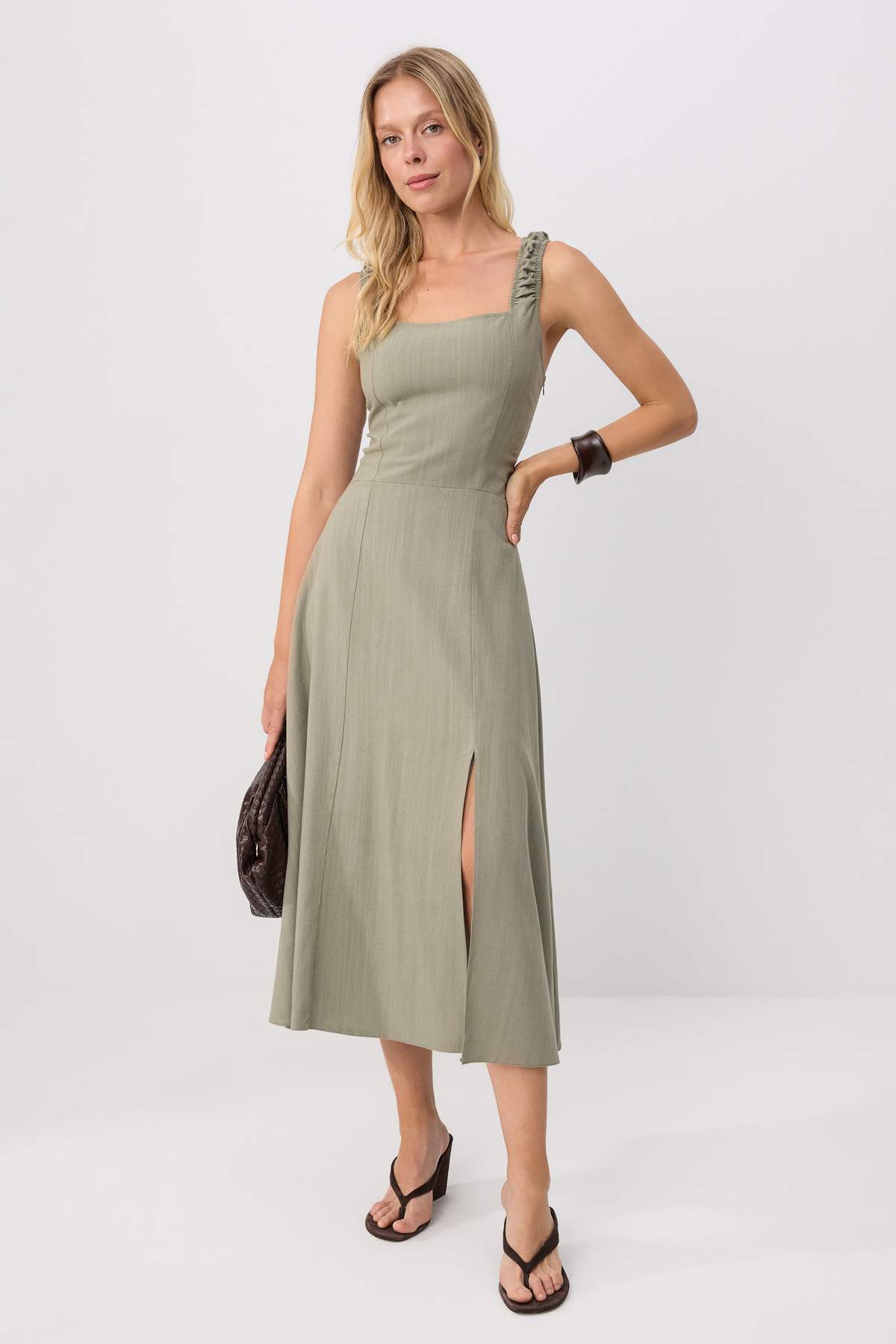Khaki Open Back Midi Dress, Square Neck Linen Cotton Dress
