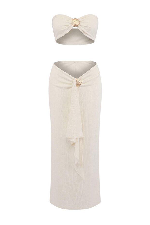 Ecru Strapless Knit Blouse & Maxi Skirt Set