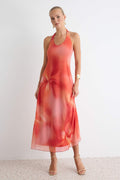 Orange Halter Neck Maxi Dress, Abstract Print A-Line Dress