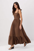 Brown Maxi Dress, 100% Cotton Skater Dress, Strapless Neckline Maxi Dress