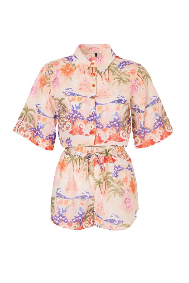 Tropical Print Cotton Beach Shirt & Shorts Set