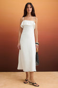 White Linen Maxi Dress, 100% Linen Ruffle Dress, Strapless Neckline Maxi Dress