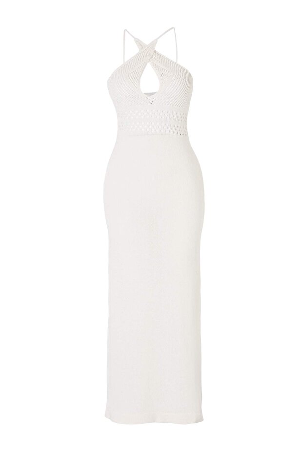 Ecru Knit Maxi Backless Sheer Beach Dress