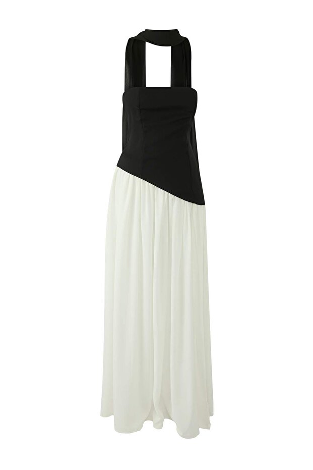 Black White A-Line Maxi Evening Dress