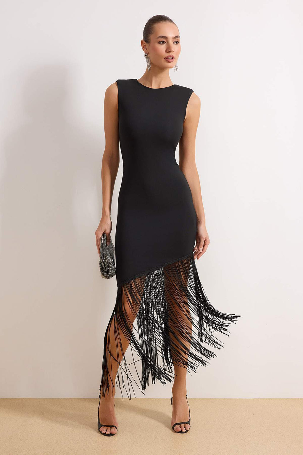 Black Fringe Detail Maxi Party Dress