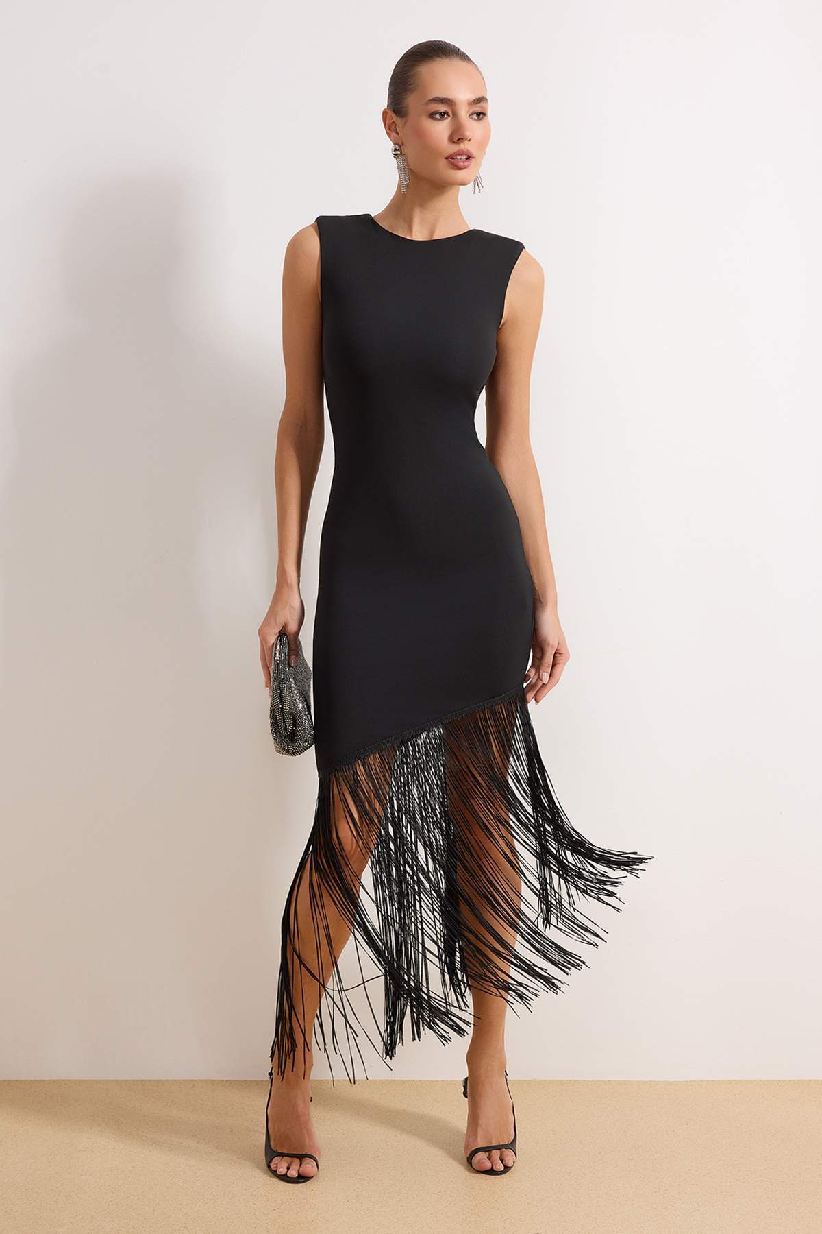 Black Fringe Detail Maxi Party Dress