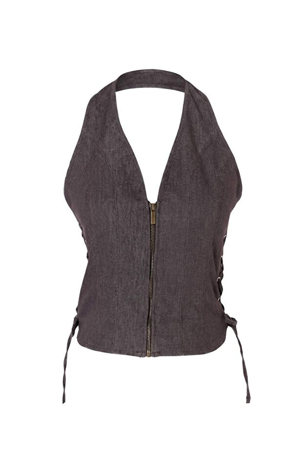 Dark Brown Halter Neck Blouse, Fitted Sleeveless Gabardine Top