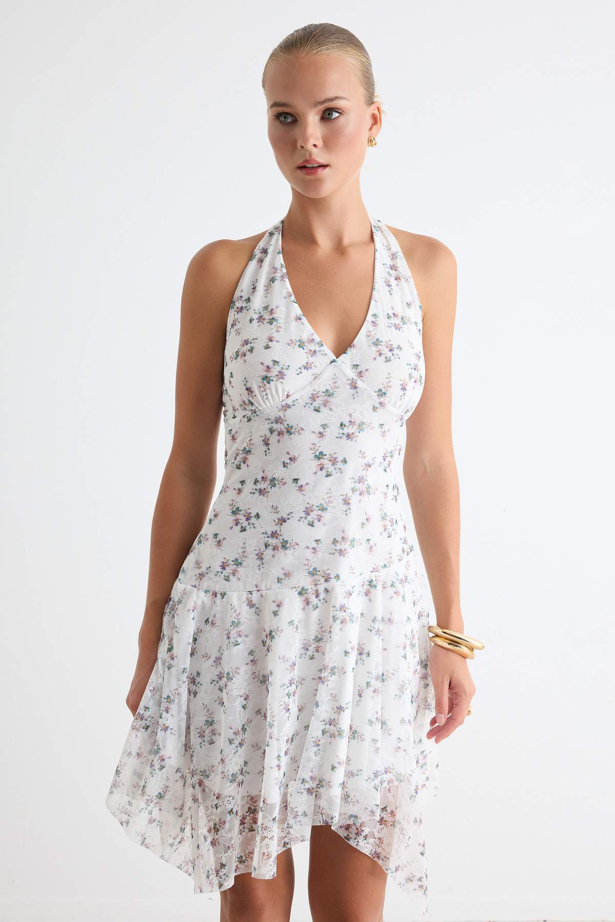 Multicolor Floral Midi Dress, Halter Neck Lace Dress, Sleeveless Bodycon Midi Dress