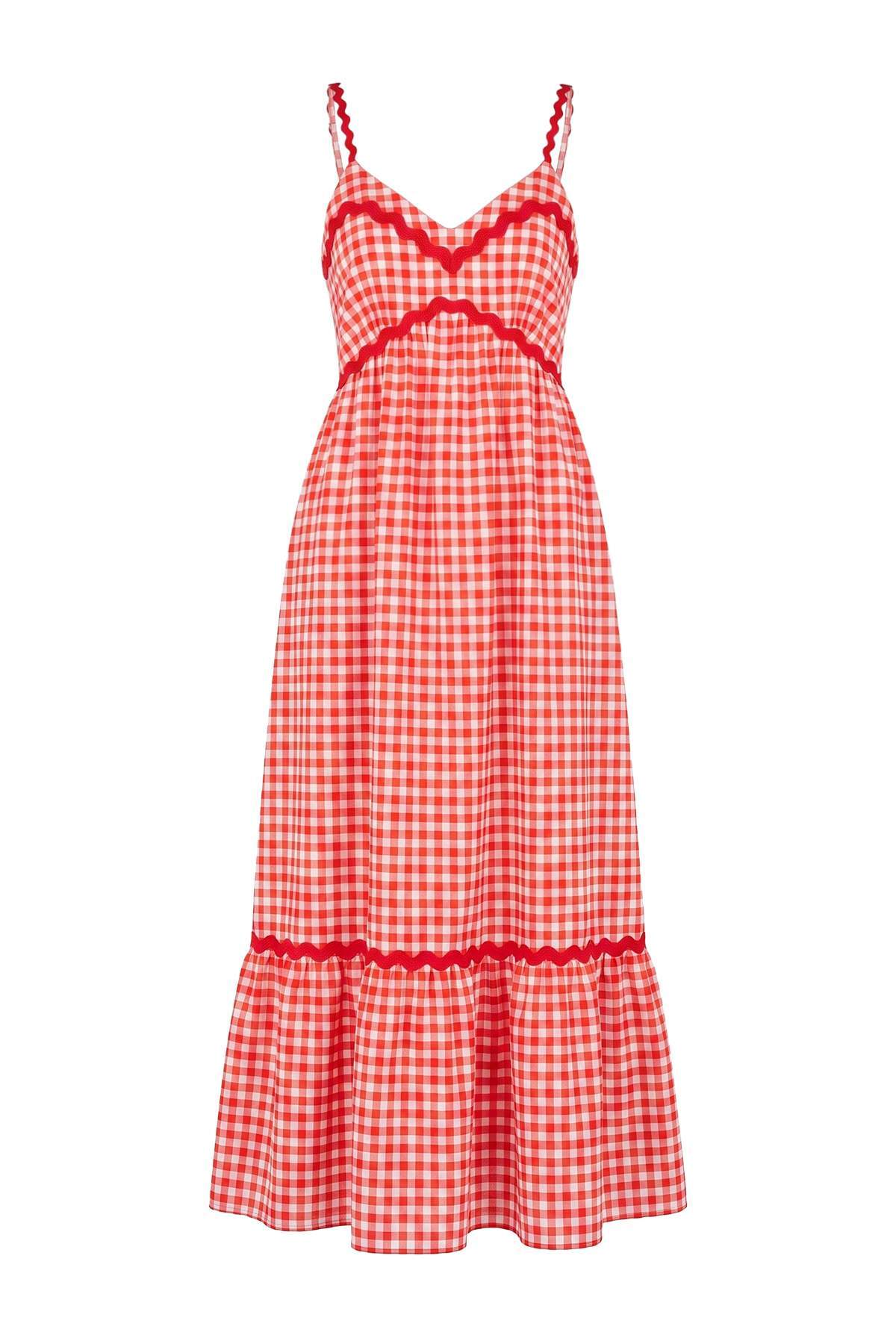 Red Maxi Beach Dress, V Neck Ruffle Dress, A Line Summer Dress
