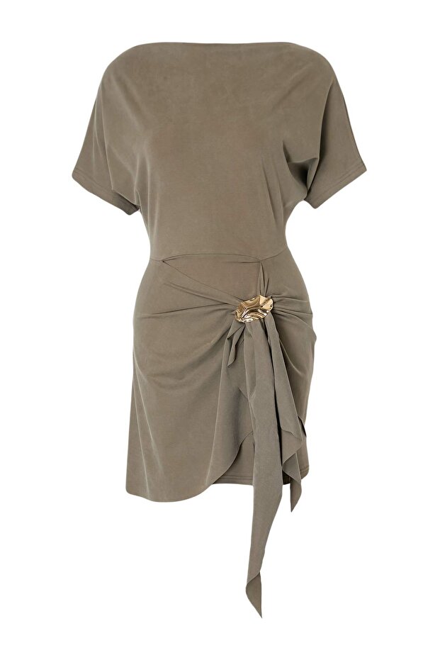 Dark Khaki Mini Dress, Lyocell Blend A Line Dress, Boat Neck Flared Mini Dress, Short Sleeve Knit Dress