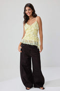 Light Yellow Floral Fitted Blouse, V Neck Ruffle Tank Top, Sleeveless Tulle Knit Top