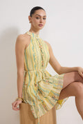 Yellow Floral Mini Dress, Boho Halter Neck Dress, Chiffon A Line Skater Dress