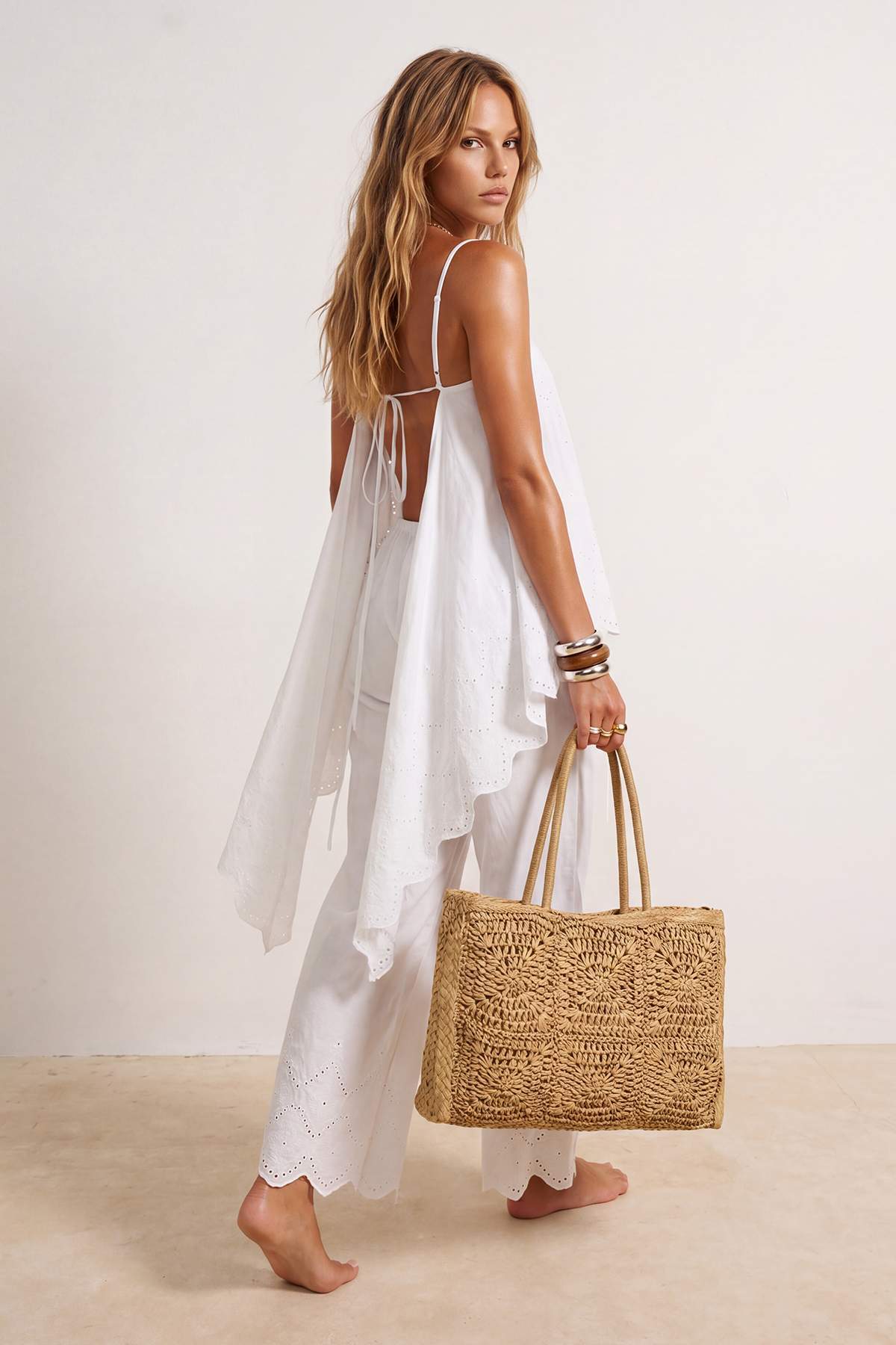 White Broderie Beach Blouse & Capri Pants Set