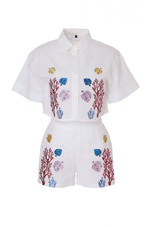 White Cotton Embroidered Beach Shirt & Shorts Set