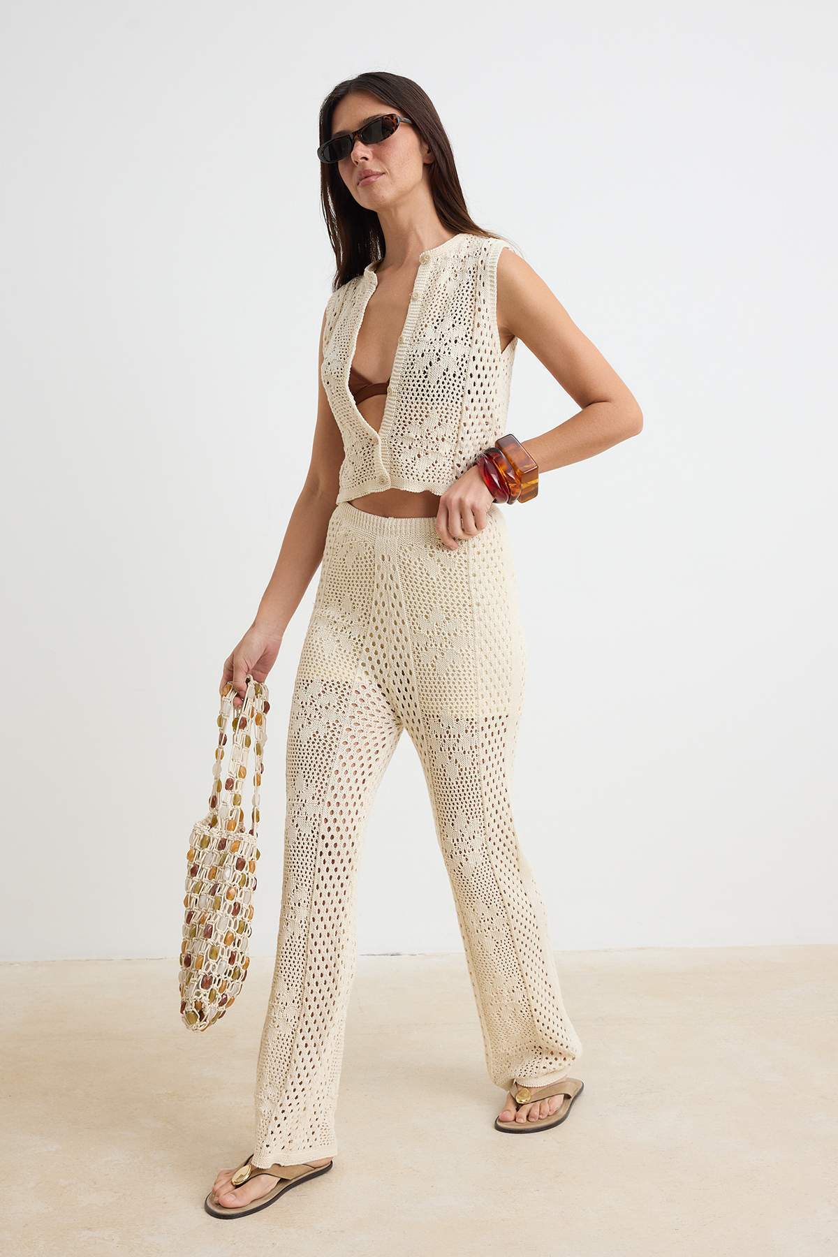 Ecru Cotton Knit Beach Vest & Pants Set