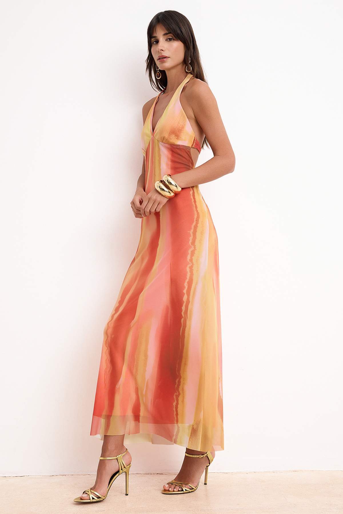Pink Multicolor Floral Maxi Dress, A Line Tulle Dress
