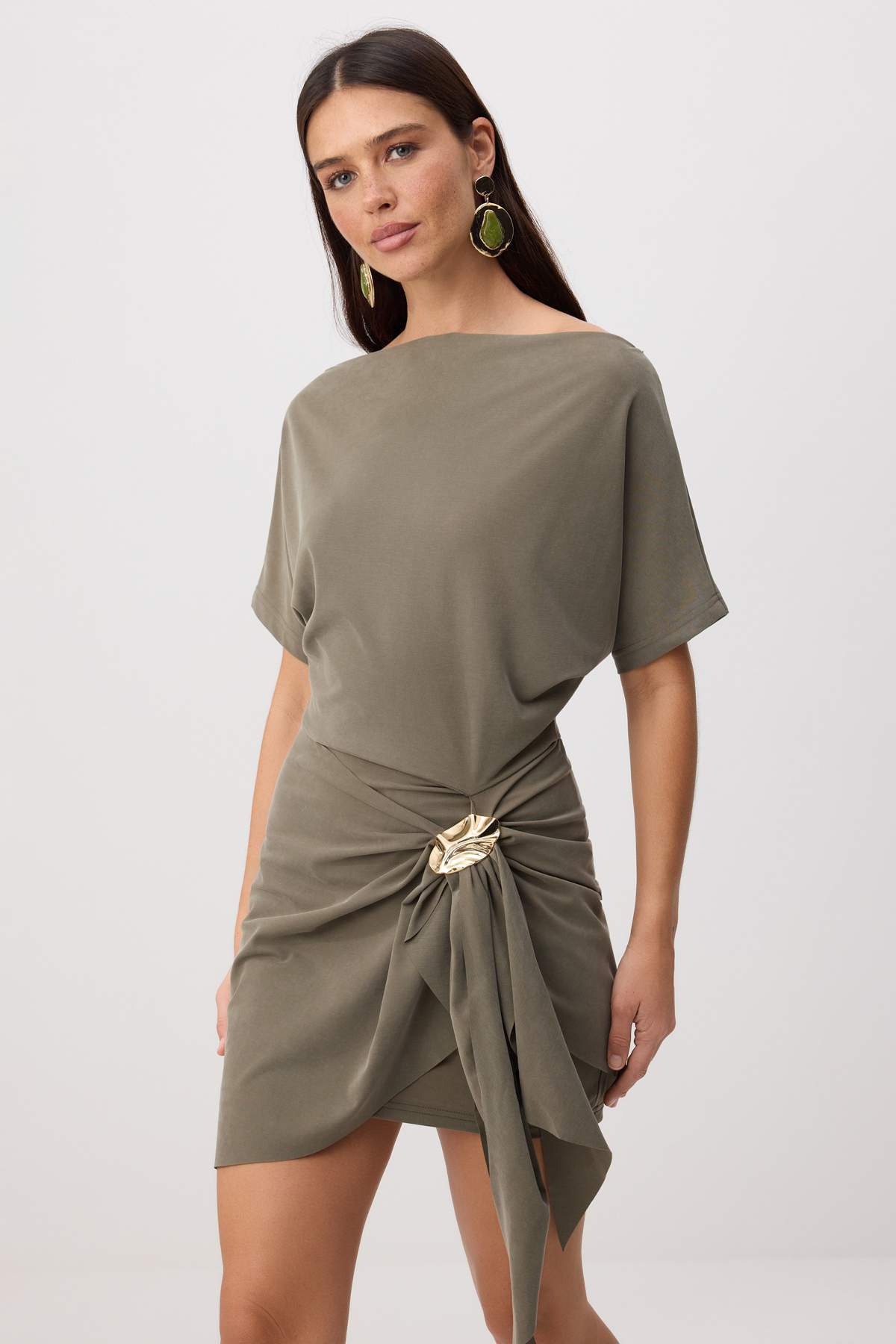 Dark Khaki Mini Dress, Lyocell Blend A Line Dress, Boat Neck Flared Mini Dress, Short Sleeve Knit Dress
