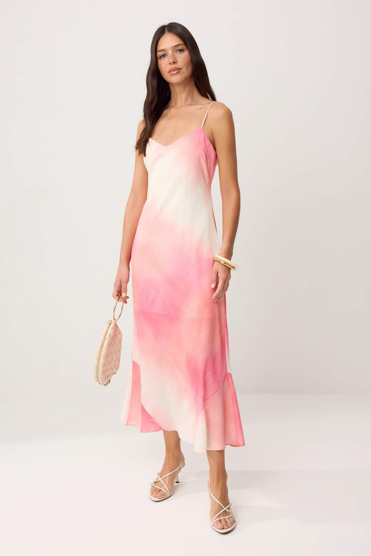 Pink Floral Maxi Dress, A Line Satin Dress, V Neck Strappy Maxi Dress