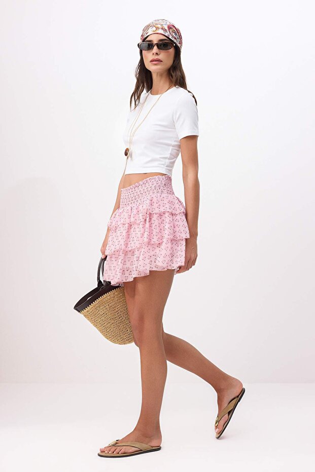 Pink Floral Ruffle Mini Skort, Chiffon Floral Skirt with Inner Shorts