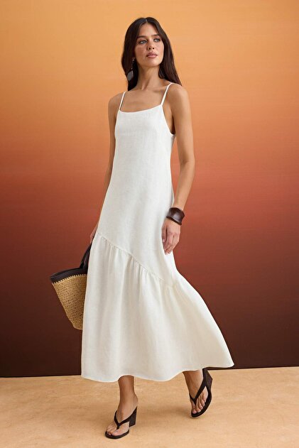 White Linen Maxi Dress, 100% Linen Ruffle Dress, Strapless Neckline Maxi Dress