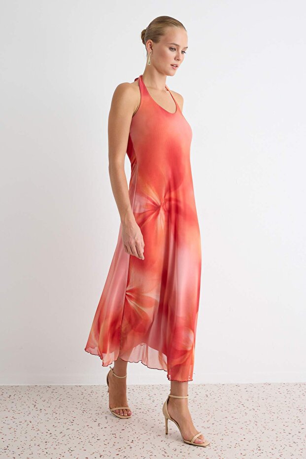 Orange Halter Neck Maxi Dress, Abstract Print A-Line Dress