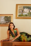 Multicolor Floral Tulle Maxi Dress, Cowl Neck Evening Dres