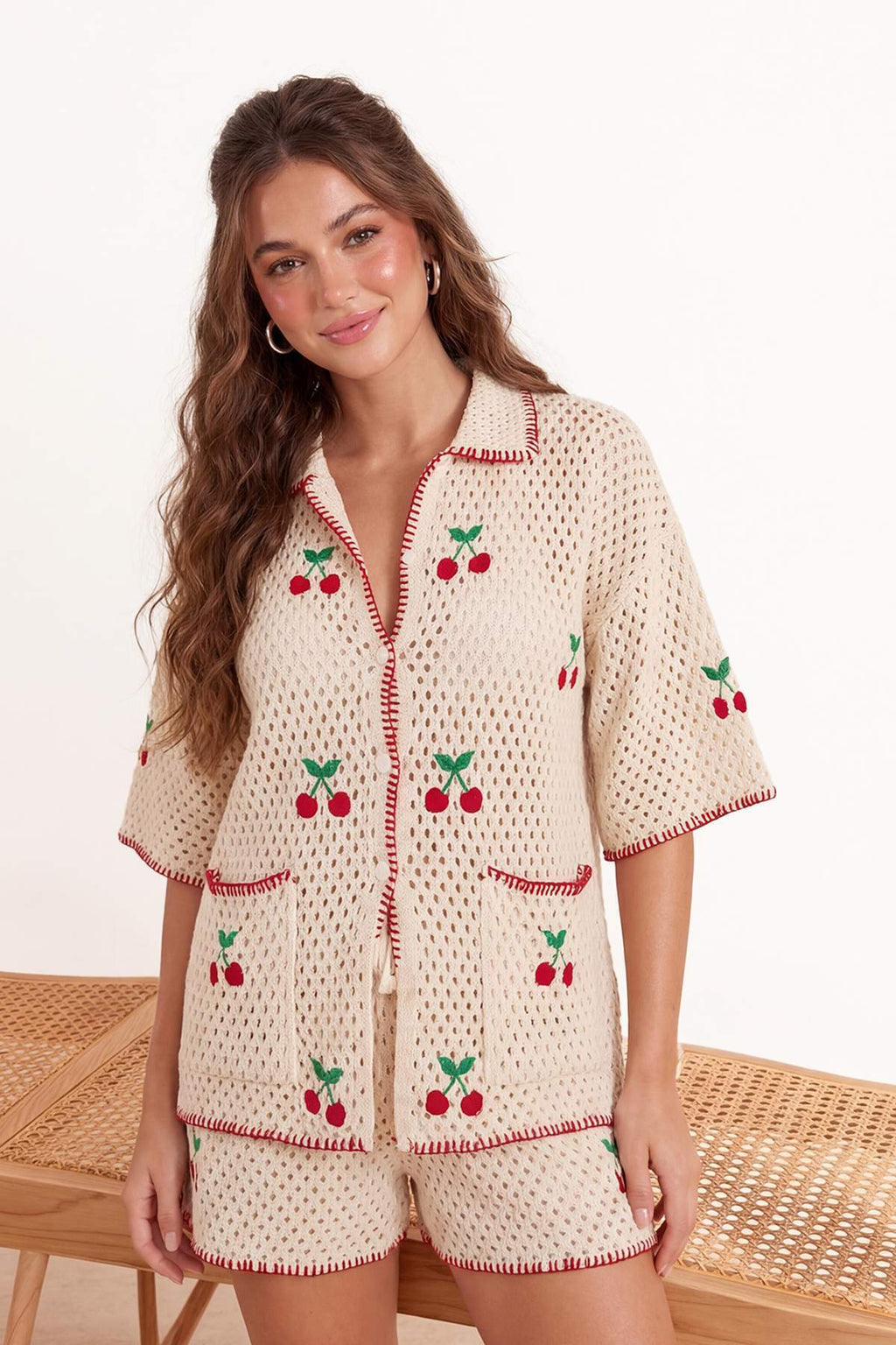 Ecru Oversized Cherry Knit Beach Shirt & Shorts Set