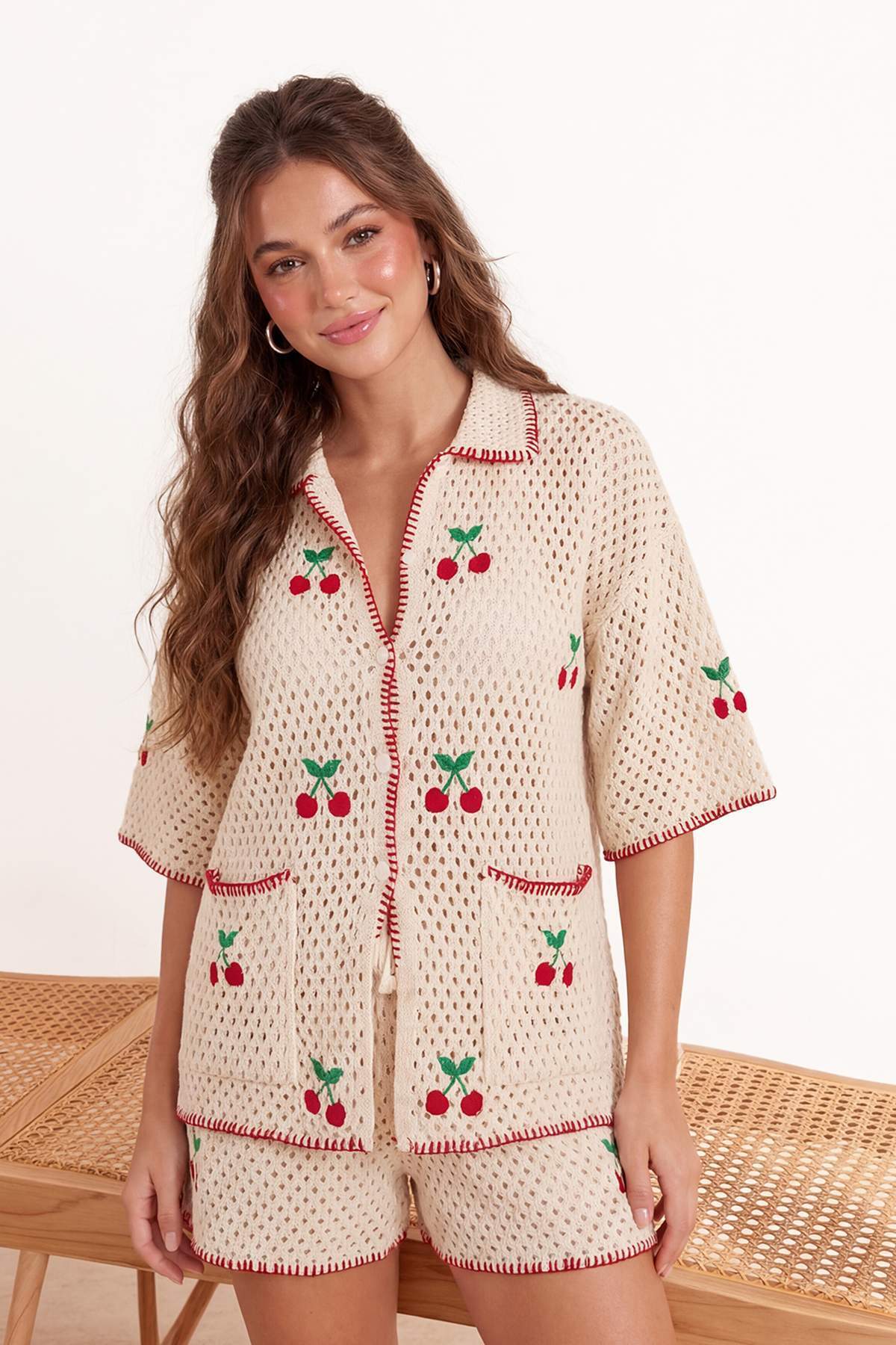 Ecru Oversized Cherry Knit Beach Shirt & Shorts Set